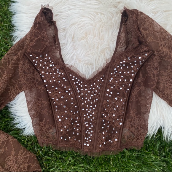 Victoria’s Secret Dream Angels Shimmer Long Sleeve Corset Top Brown Lace Medium - Picture 3 of 7